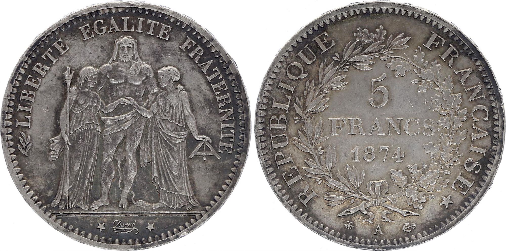 TTB 1877 A Paris France 5 Francs Hercule IIIeme République 