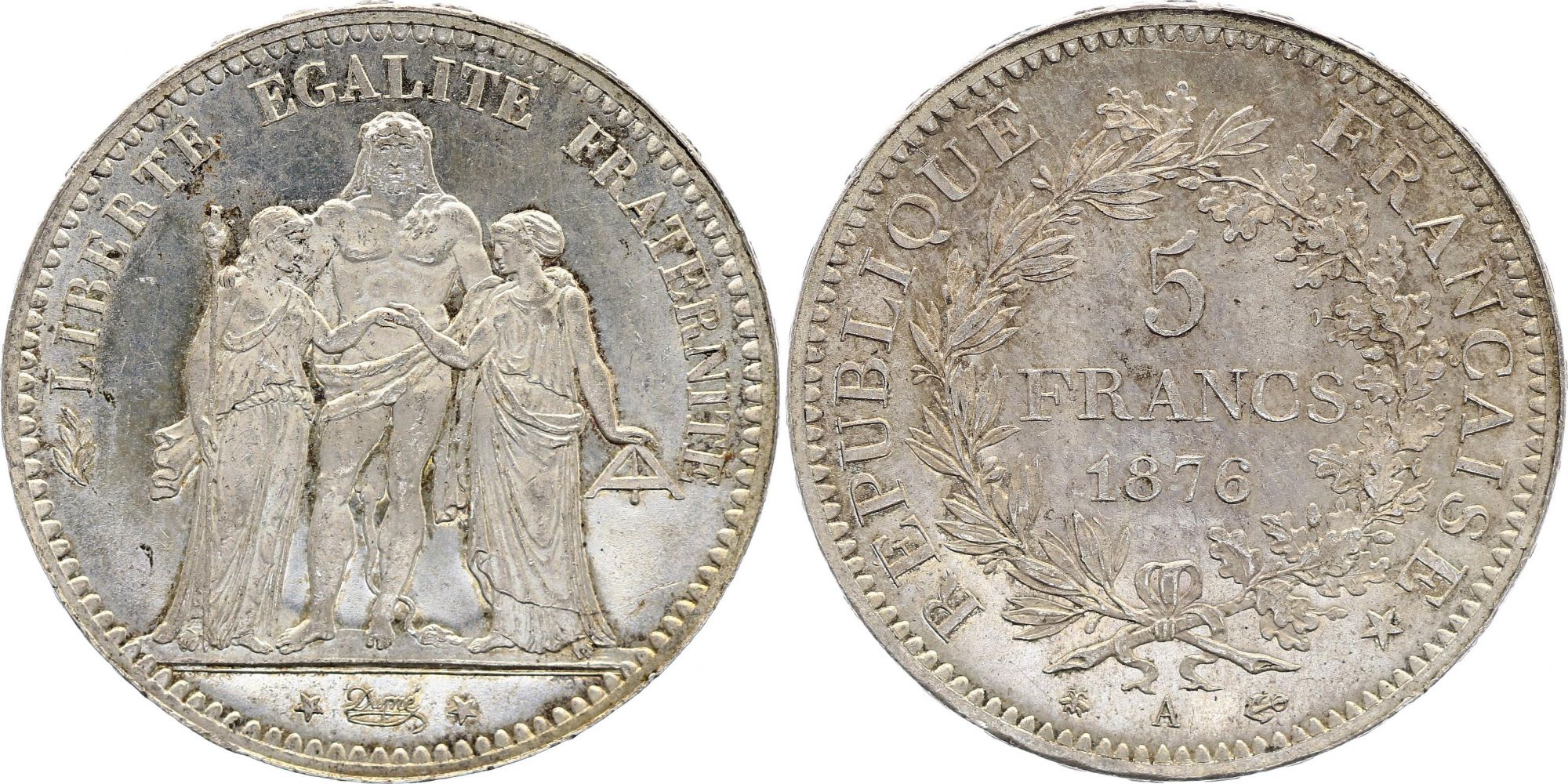 Pièce France 5 Francs Hercule 1876 A Paris Argent