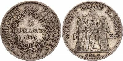 France 5 Francs Hercule - IIIeme R�publique - 1874 K Bordeaux