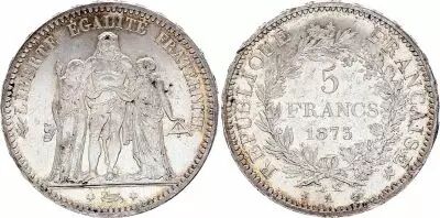 France 5 Francs Hercules 1873 A - Paris - XF to AU - Silver