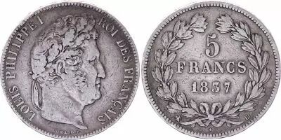 France 5 Francs Louis-Philippe 1st - 1837 BB Strasbourg - VF