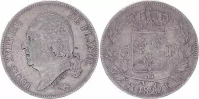 France 5 Francs Louis XVIII - 1822 K Bordeaux - F+