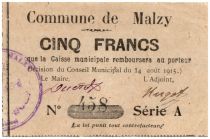 France 5 Francs Malzy Commune - 1915