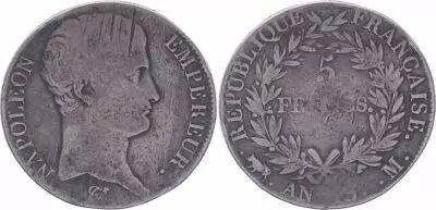 France 5 Francs Napoleon Emperor - Year 13 M Toulouse  - VG to F