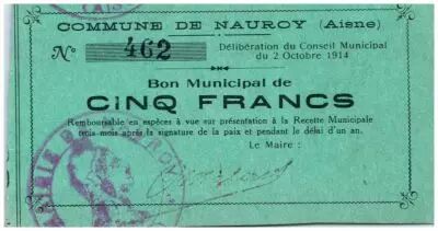 France 5 Francs Nauroy City - 1914