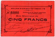 France 5 Francs Origny-Sainte-Benoite Bon Municipal - 1915