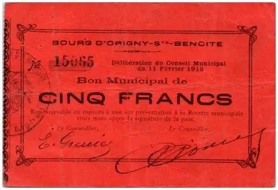 France 5 Francs Origny-Sainte-Benoite City - 1915