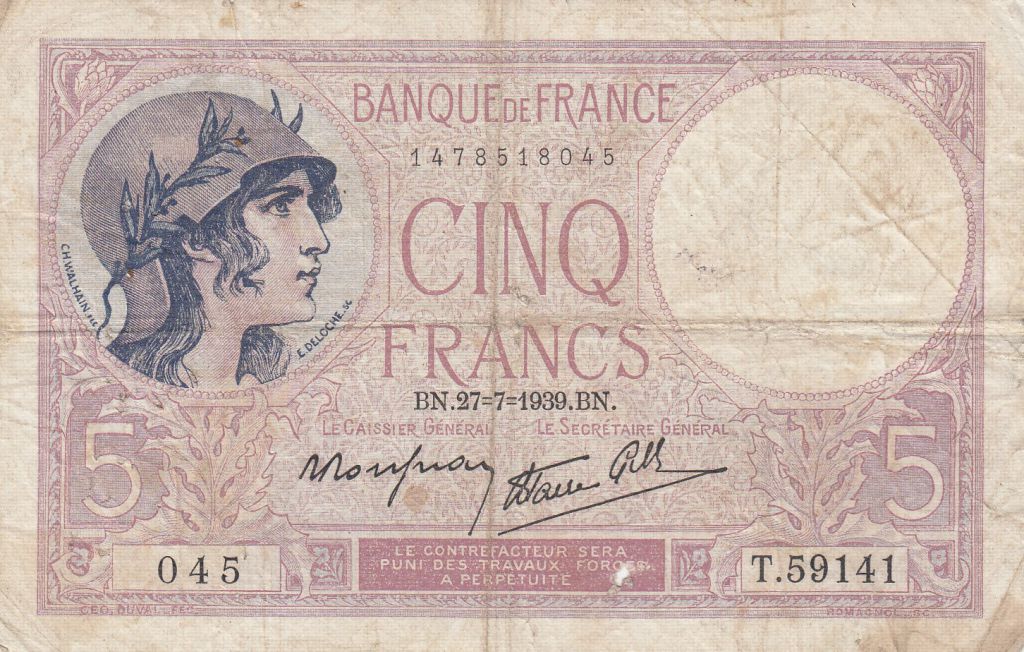 Banknote France 5 Francs Purple 27 07 1939 S rie T 59141