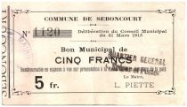France 5 Francs Seboncourt City - 1915