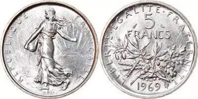 France 5 Francs Seed Sower - 1969 - Silver