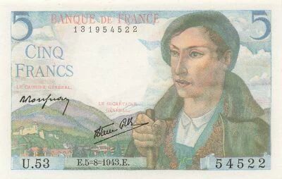 France 5 Francs Sheperd - 05-08-1943 - Serial U.53