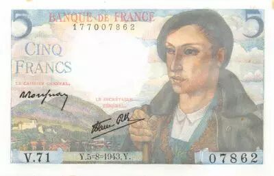 France 5 Francs Shepherd - 05-08-1943 Serial V.71 - aUNC