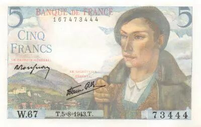 France 5 Francs Shepherd - 05-08-1943 Serial W.67 - UNC