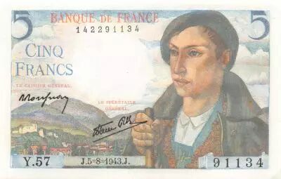 France 5 Francs Shepherd - 05-08-1943 Serial Y.57 - aUNC
