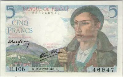 France 5 Francs Shepherd - 23-12-1943 Serial H.106