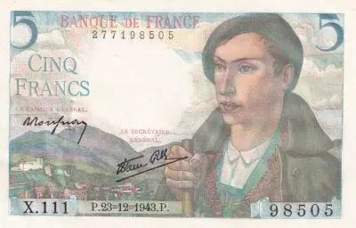 France 5 Francs Shepherd - 23-12-1943 Serial X.111
