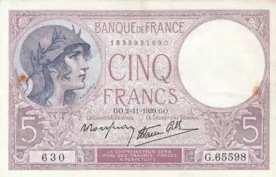 France 5 Francs Violet - 02.11.1939 - S�rie G.65