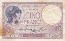 France 5 Francs Violet - 26-10-1939 -Série K.65385