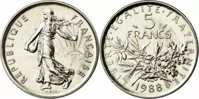 France 5 Francs Woman sowing seed  - 1988 - from UNC set