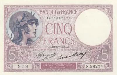France 5 Francs Woman wearing helmet - 1933