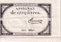 France 5 Livres  - 10 Brumaire Year II (31-10-1793) - Sign Bruron - Serial 26890 - P. A.76