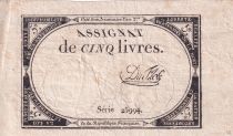 France 5 Livres  - 10 Brumaire Year II (31-10-1793) - Sign Duflog - Serial 25994- P. A.76