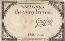 France 5 Livres - 10 Brumaire An II - 31-10-1793 - Sign. Gaudet  - S&eacute;rie 15422