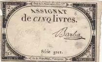 France 5 Livres - 10 Brumaire An II (31.10.1793) - Sign. Barba - S&eacute;rie 3011