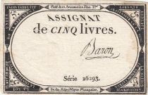 France 5 Livres - 10 Brumaire An II (31.10.1793) - Sign. Baron - Série 26293