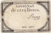 France 5 Livres - 10 Brumaire An II (31.10.1793) - Sign. Brouz - S&eacute;rie 23661