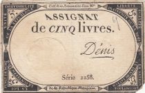 France 5 Livres - 10 Brumaire An II (31.10.1793) - Sign. Denis - Série 2258