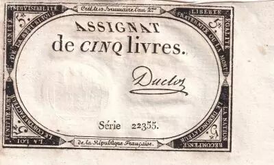 France 5 Livres - 10 Brumaire An II (31.10.1793) - Sign. Duclos - S�rie 22355