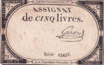 France 5 Livres - 10 Brumaire An II (31.10.1793) - Sign. Gerard  - Série 23435