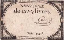 France 5 Livres - 10 Brumaire An II (31.10.1793) - Sign. Gerard  - S&eacute;rie 23435