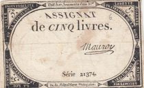 France 5 Livres - 10 Brumaire An II (31.10.1793) - Sign. Mauroy - Série 21374