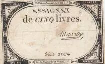 France 5 Livres - 10 Brumaire An II (31.10.1793) - Sign. Mauroy - S&eacute;rie 21374