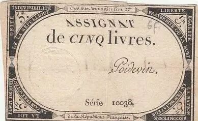 France 5 Livres - 10 Brumaire An II (31.10.1793) - Sign. Poidevin - S�rie 10038