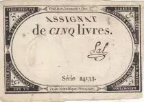 France 5 Livres - 10 Brumaire An II (31.10.1793) - Sign. Sal - S&eacute;rie 24133