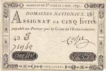 France 5 Livres - 1er Novembre 1791 - Sign. Corsel - Série 42J