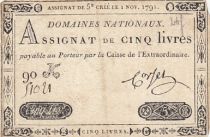 France 5 Livres - 1er Novembre 1791 - Sign. Corsel - Série 90K