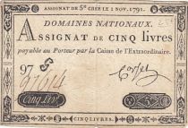 France 5 Livres - 1er Novembre 1791 - Sign. Corsel - Série 97G