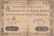 France 5 Livres - 6 Mai 1791 - Sign. Corsel - Série 16B