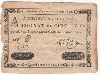 France 5 Livres - Embossed seal with Louis XVI (1791-04-30) - VF