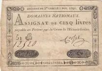 France 5 Livres - Embossed seal with Louis XVI (1791-11-01) - Sign. Corset - Serial 51