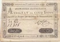 France 5 Livres - Embossed seal with Louis XVI (1791-11-01) - Sign. Corset - Serial 51