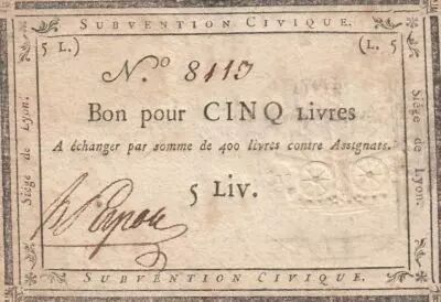 France 5 Livres - Si�ge de Lyon - 31-08-1793 - number 8110