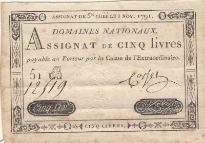 France 5 Livres - Timbre sec portrait de Louis XVI (01-11-1791) - Sign. Corset - S�rie 51