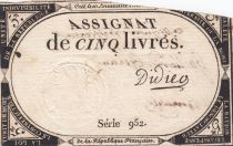 France 5 Livres 10 Brumaire An II - 31.10.1793 - Vérificateur Rare ! Série 952
