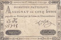France 5 Livres Embossed seal Louis XVI - 27-06-1792 - Serial 13K