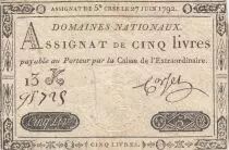 France 5 Livres Embossed seal Louis XVI - 27-06-1792 - Serial 13K